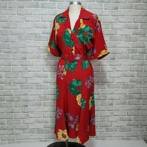 Vintage 80s‎ Dawn Joy Fashions S Red Bright Floral Shirt Day Dress W/ Belt